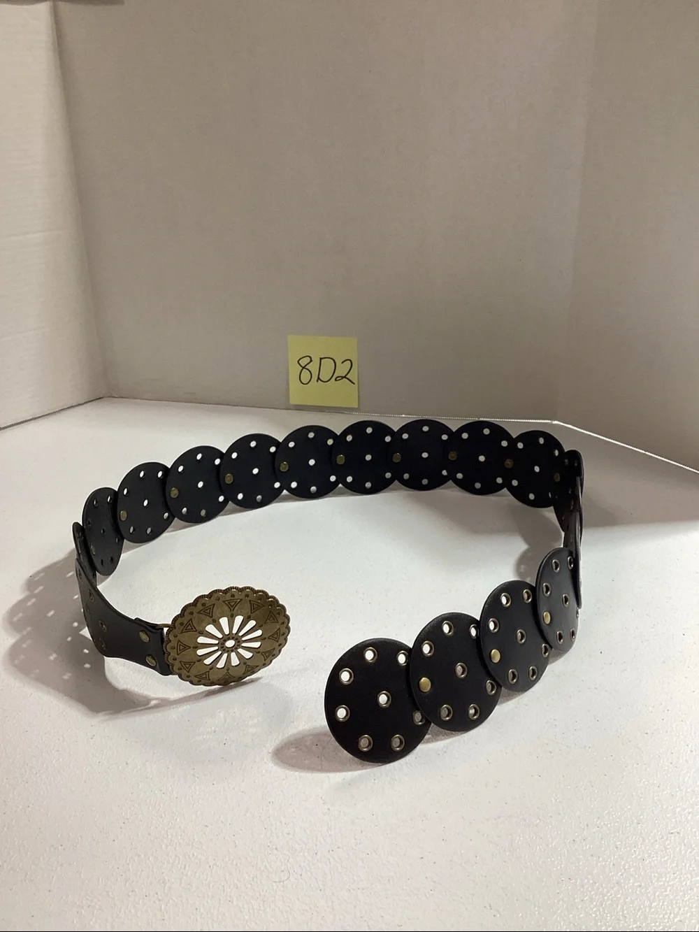 Women’s Black Leather Disc Belt with Brass Medallion